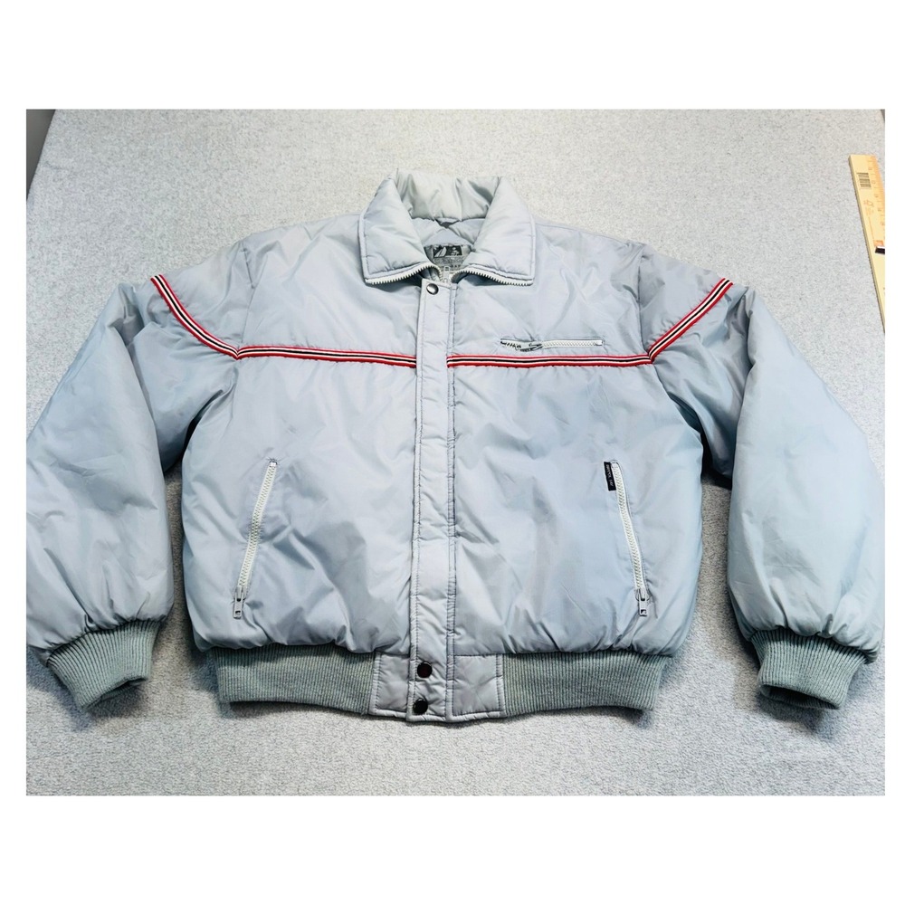 Vintage Bristol Bay Weatherwear Mens L Puffer Jacket Gray Red Retro Ski Bomber